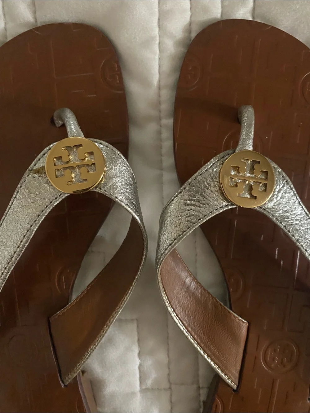 Tory Burch Silver and Brown Logo Thong Sandals